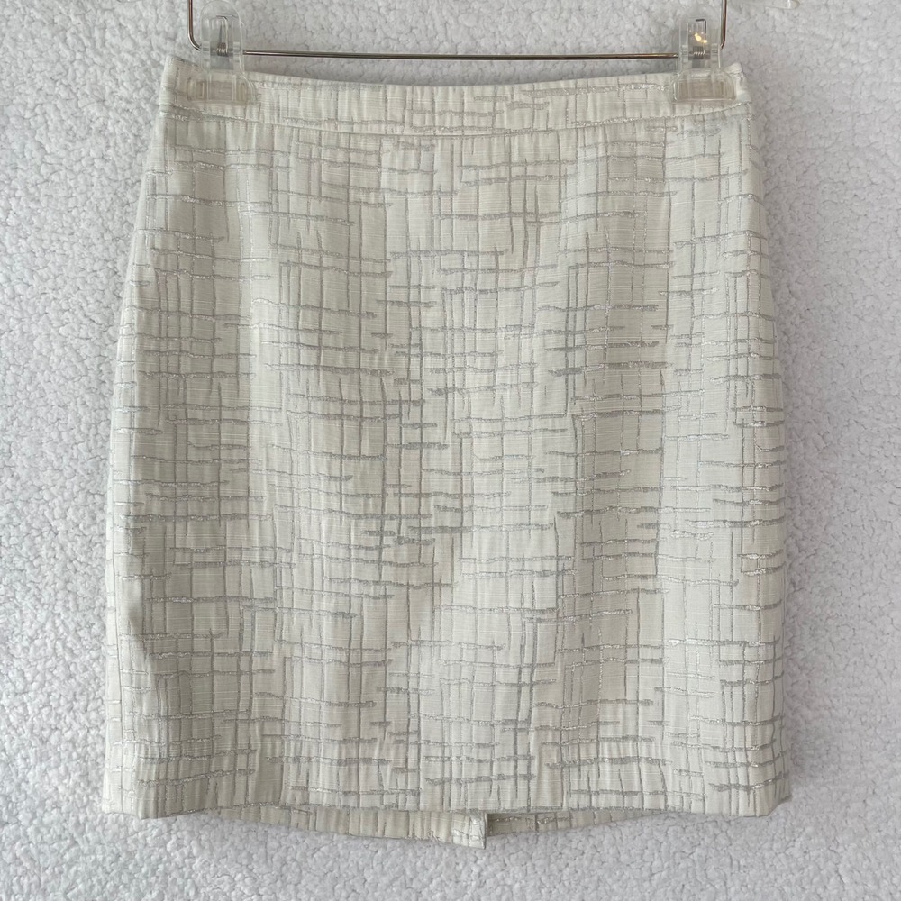 Loft Petites Cream Silver Metallic Grid Jacquard Pencil Skirt 2P Career Party